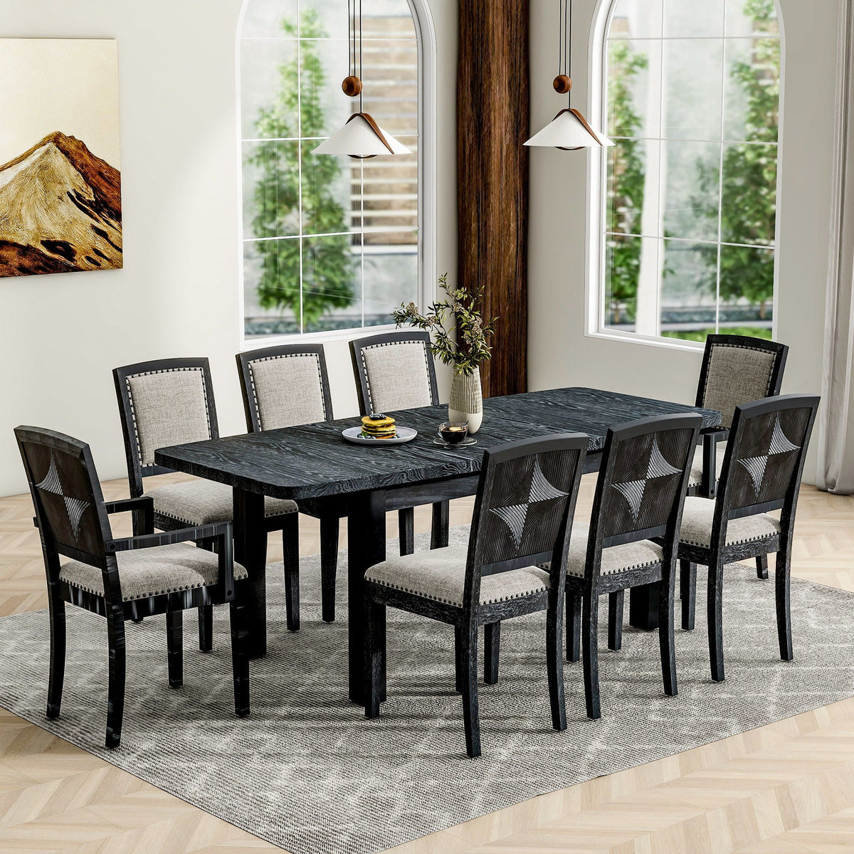 Topmax - Rustic Extendable Dining Table Set With Removable Leaf, 6 Upholstered Armless Dining Chairs And 2 - view 9