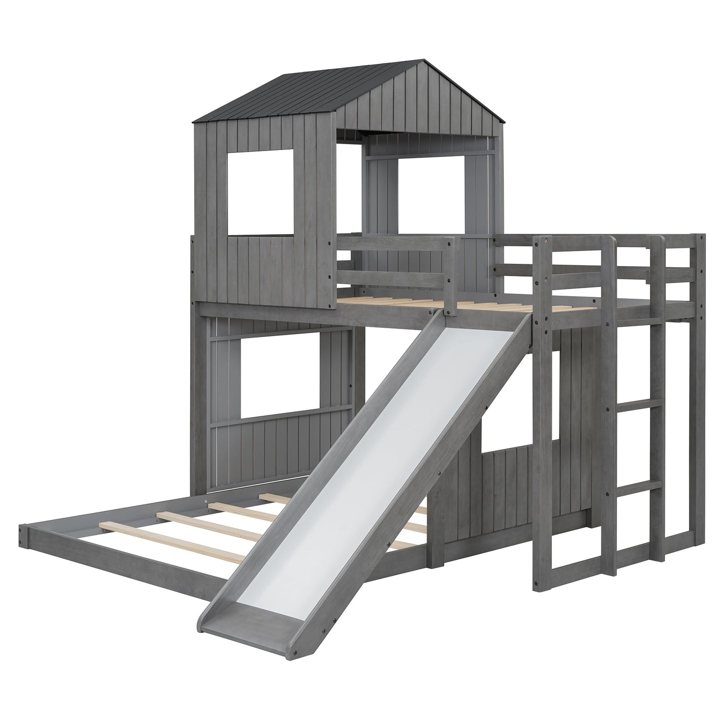 Wooden Twin Over Full Bunk Bed with Playhouse