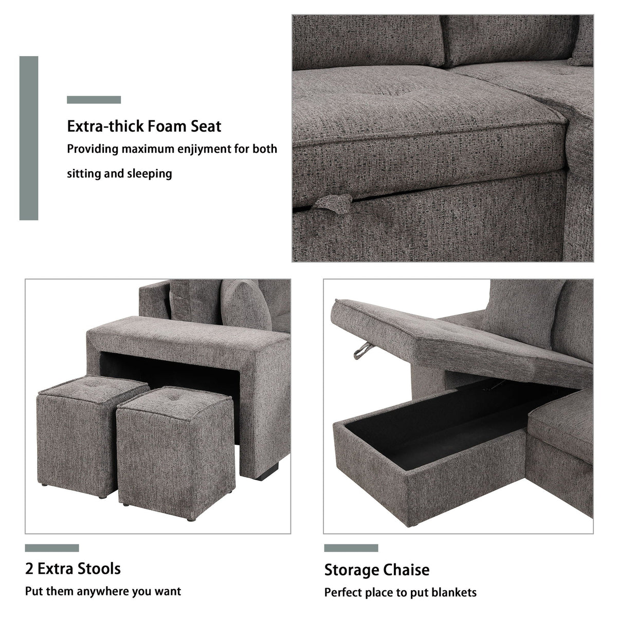 Modern L-Shape 3 Seat Reversible Sectional Couch, Pull Out Sleeper Sofa With Storage Chaise And 2 Stools For - view 21