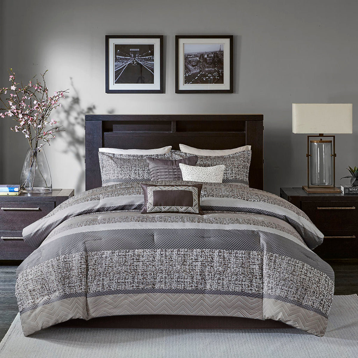 7 Piece Jacquard Comforter Set Grey/Taupe Queen