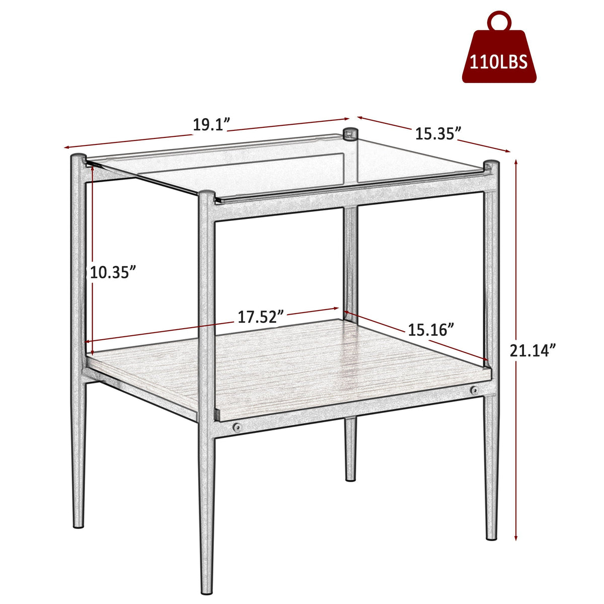Modern Rectangle End Table (Set of 2) With Tempered Glass Tabletop And Layer - Brown - view 7