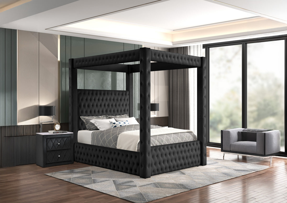 Majestic Canopy Four-poster Queen Bed Tufted Headboard and Footboard