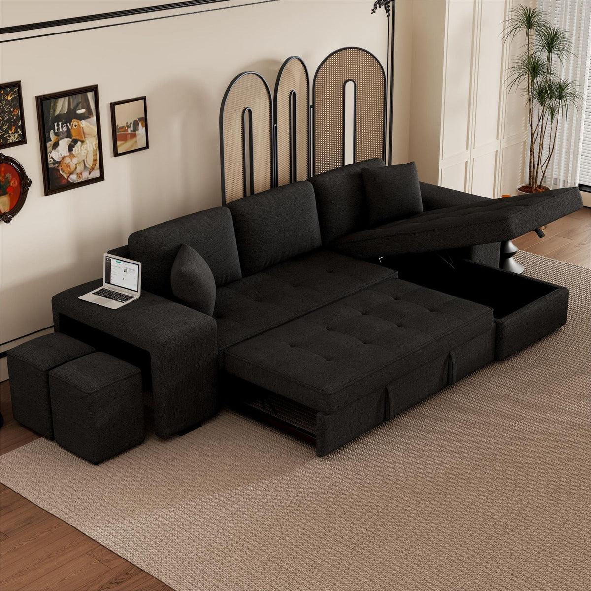 Modern L-Shape 3 Seat Reversible Sectional Couch, Pull Out Sleeper Sofa With Storage Chaise And 2 Stools For - view 22