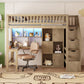 Wood Twin Size Loft Bed with Built-in Desk, LED, Storage Shelves, Cabinets and Staircase