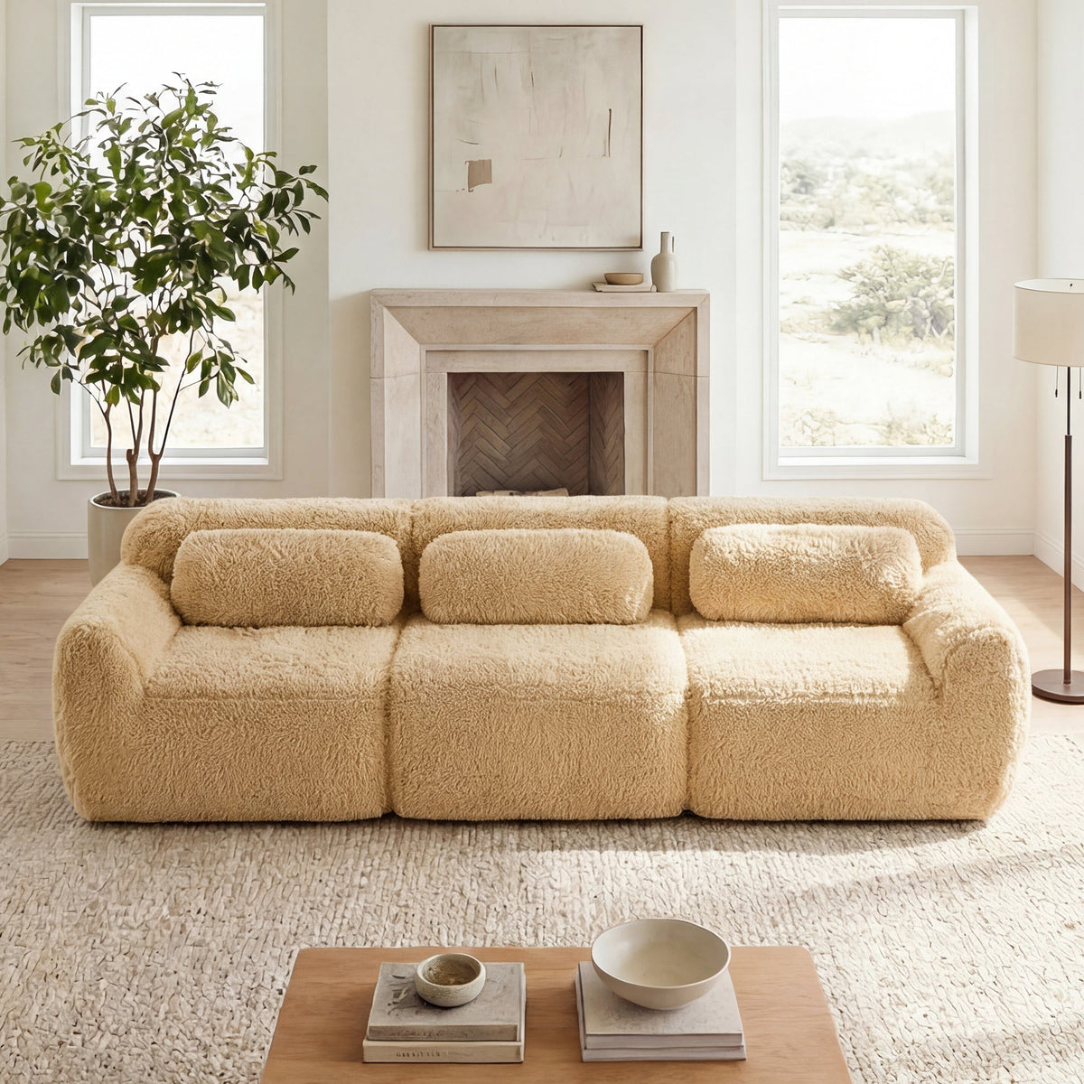 114" Soft And Fluffy Plush Fabric Modular Sectional Sofa