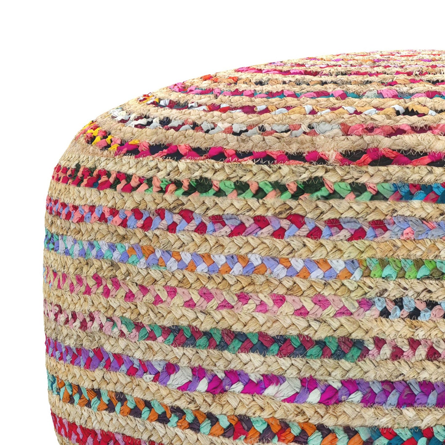 Margo 30 Inch Wide Round Pouf in Multi-Color Handwoven Jute and Cotton