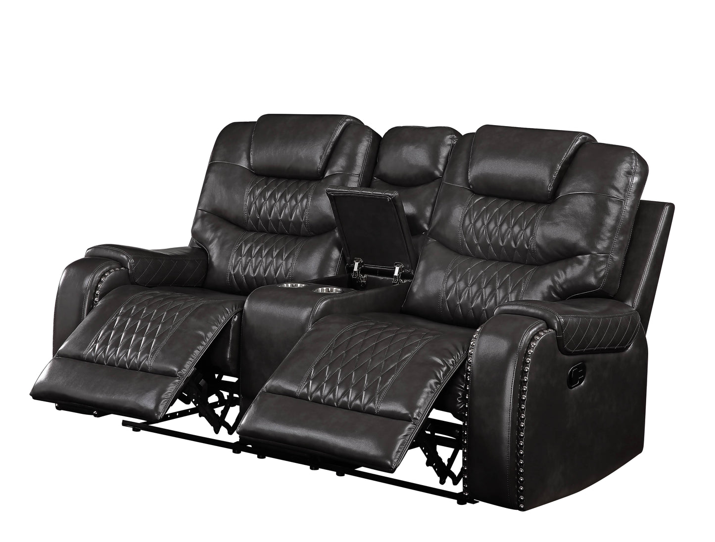 Braylon Magnetite Synthetic Leather Recliner Loveseat with Cupholder Console