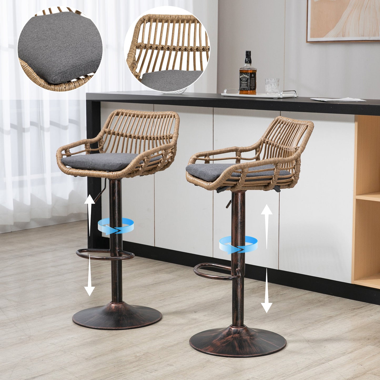 Modern Swivel Bar Stools Set of 2 Adjustable Counter Height Chairs