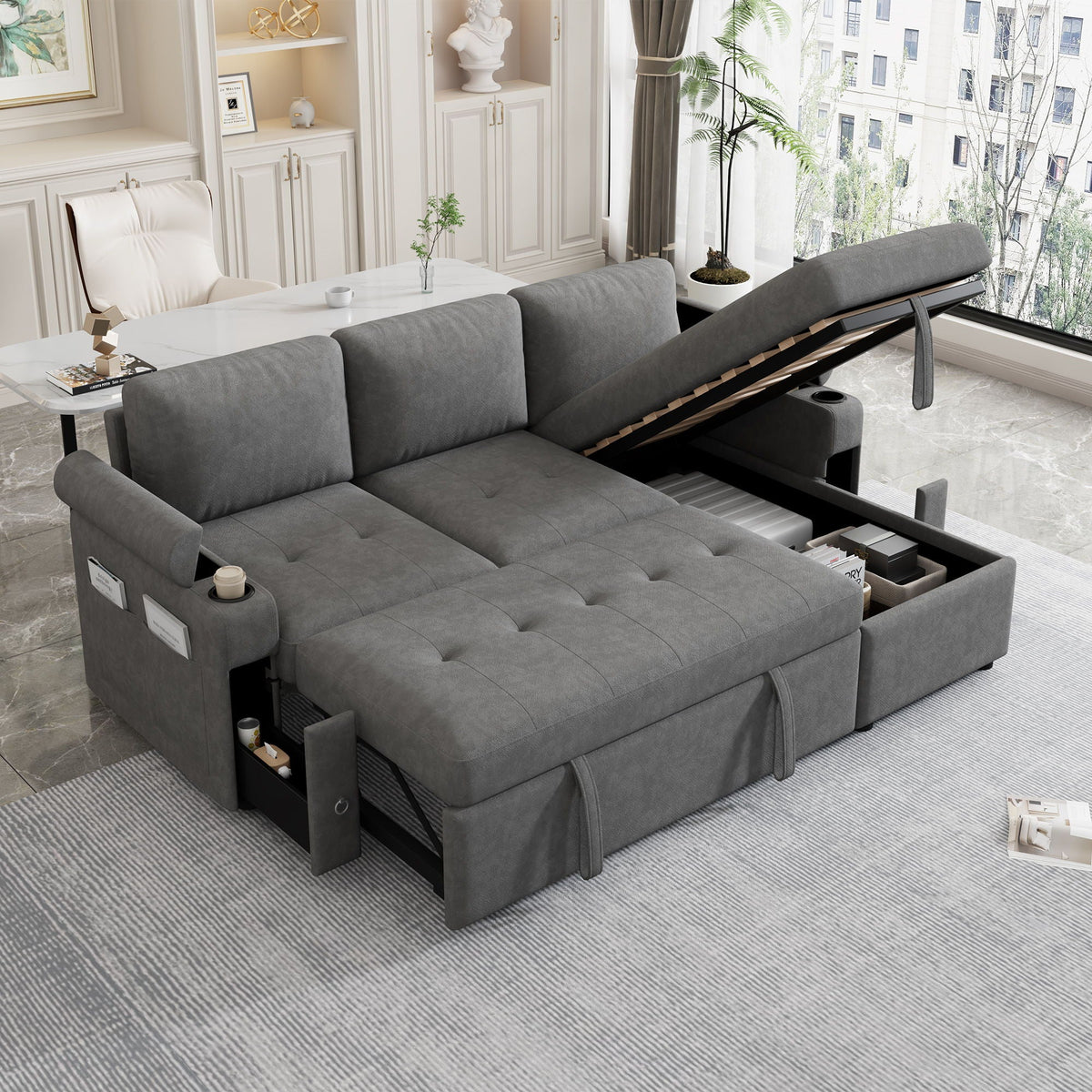 Convertible L Shaped Sofa Couch With Storage, Cup Holders, USB Ports - view 14