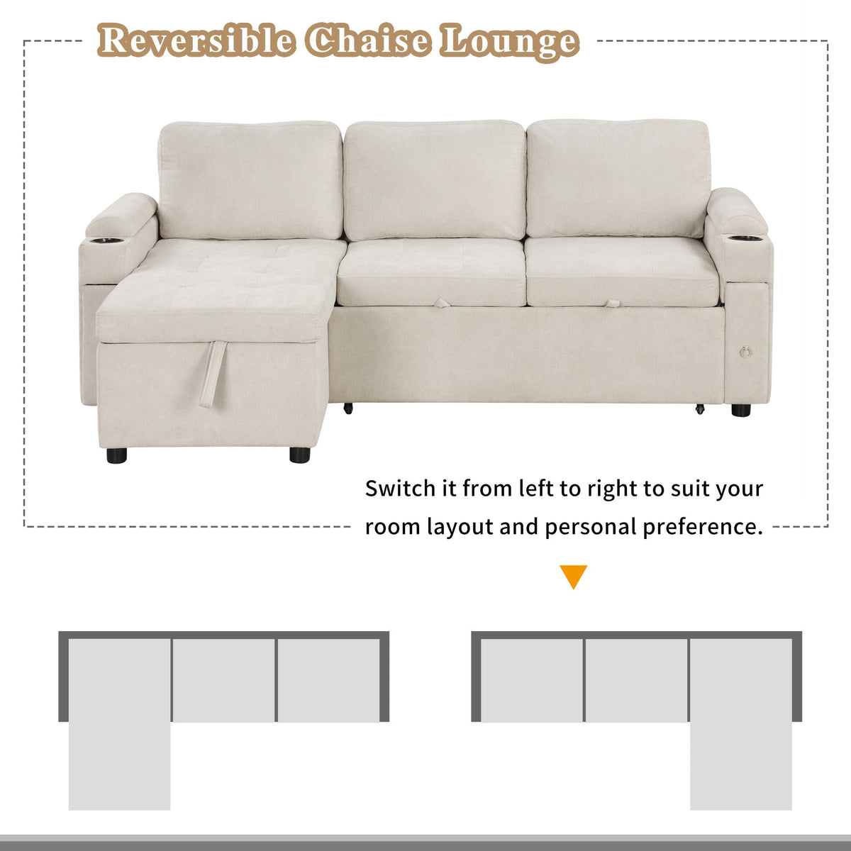 Convertible L Shaped Sofa Couch With Storage, Cup Holders, USB Ports - view 15