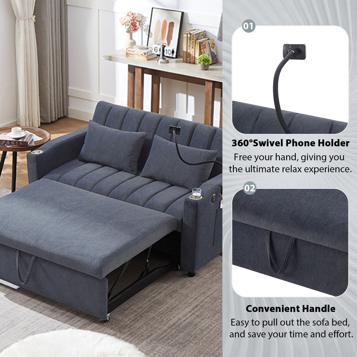 Convertible Sofa Bed Loveseat Sofa With Three USB Ports, Two Side Pockets, Two Cup Holders And 360° swivel - view 12