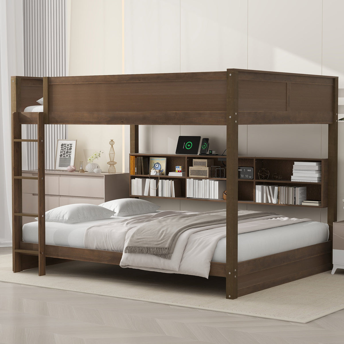 Queen over Queen Bunk Bed with Storage Cabinets and USB Ports
