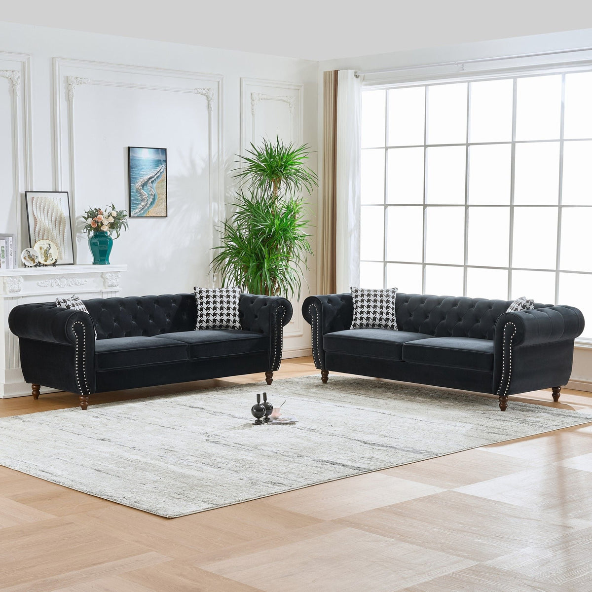 Chesterfield Upholstery Fabric Sofa With Roll Armrest & Nailhead, Mid Century Modern 3 And 3 Seater Couch - view 8