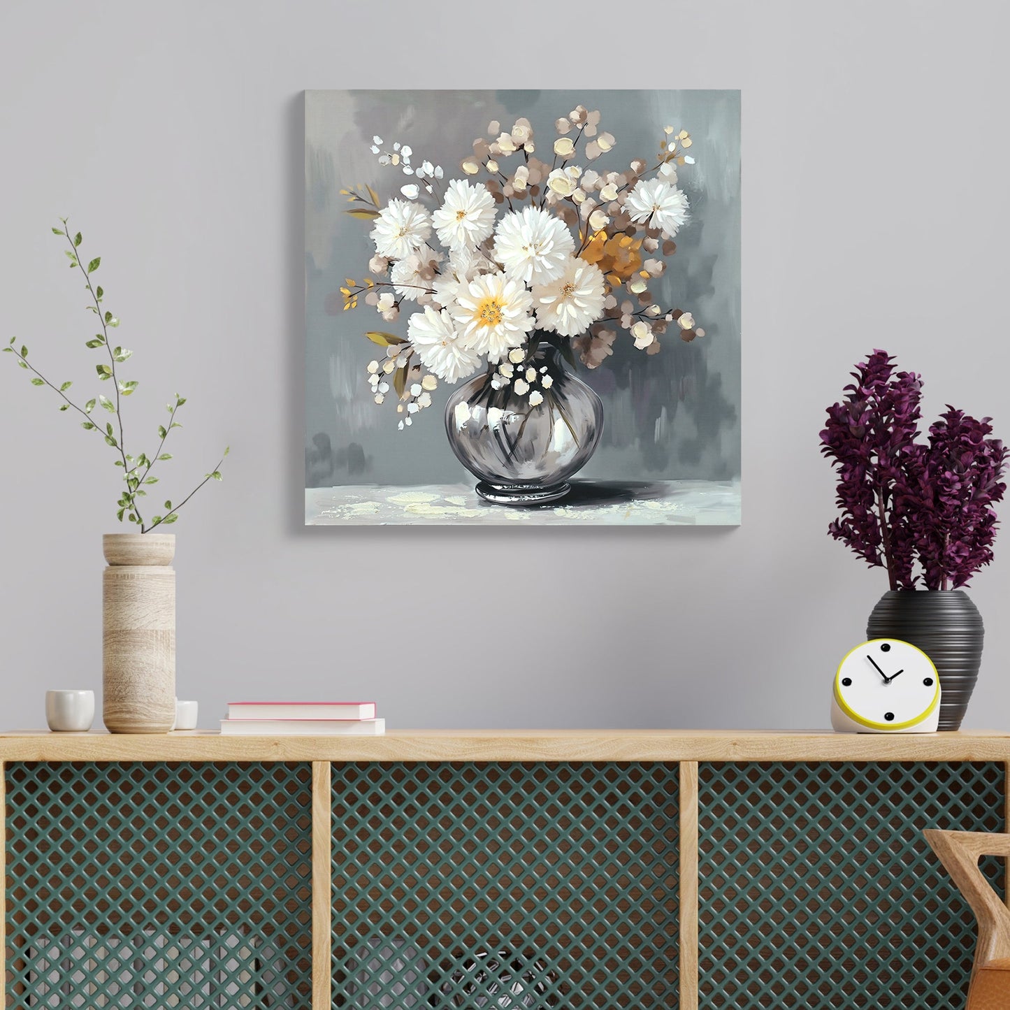 White Chrysanthemum Glass Vase Canvas Wall Art