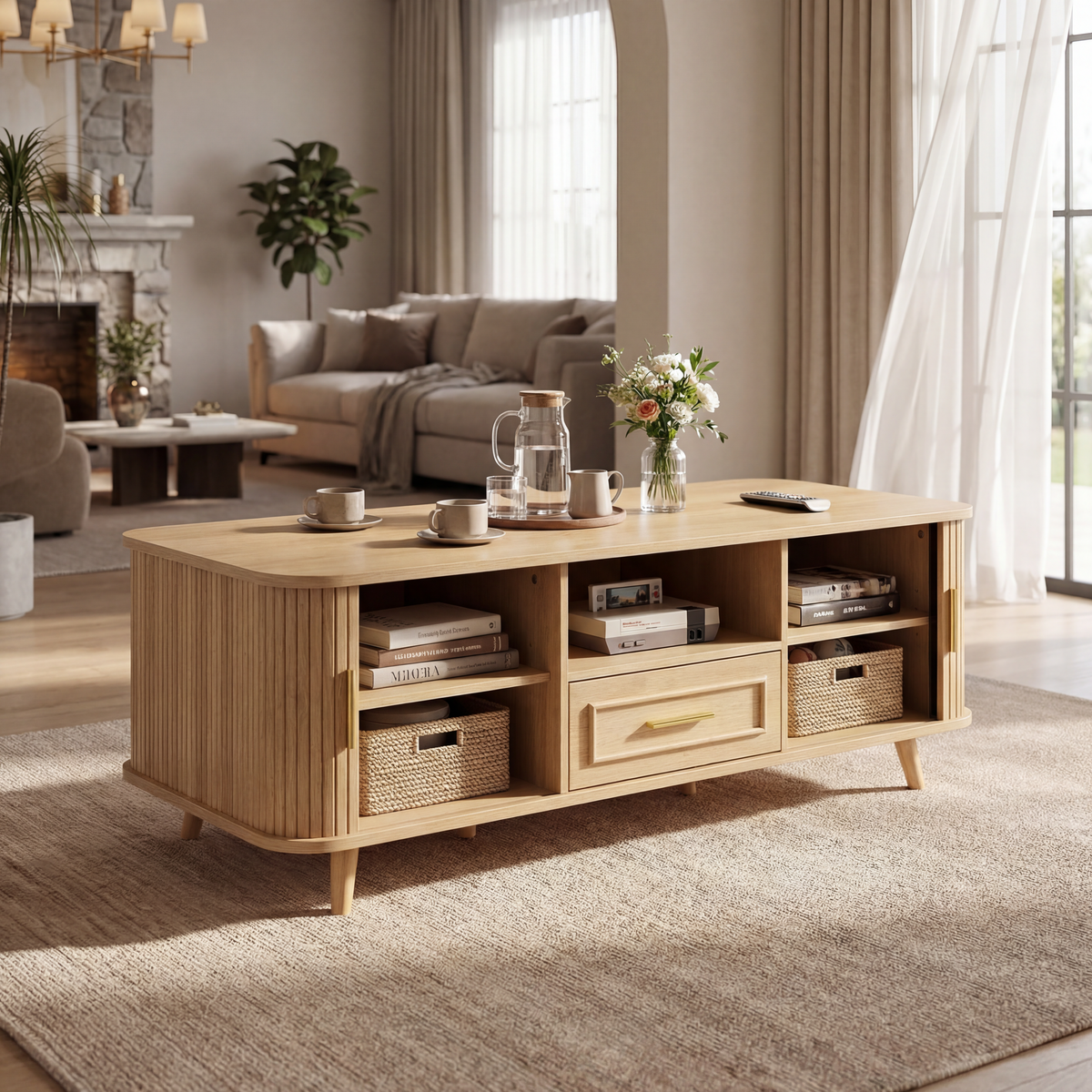 Mid-Century Modern Coffee Table with Storage and Tambour Doors - Natural Finish