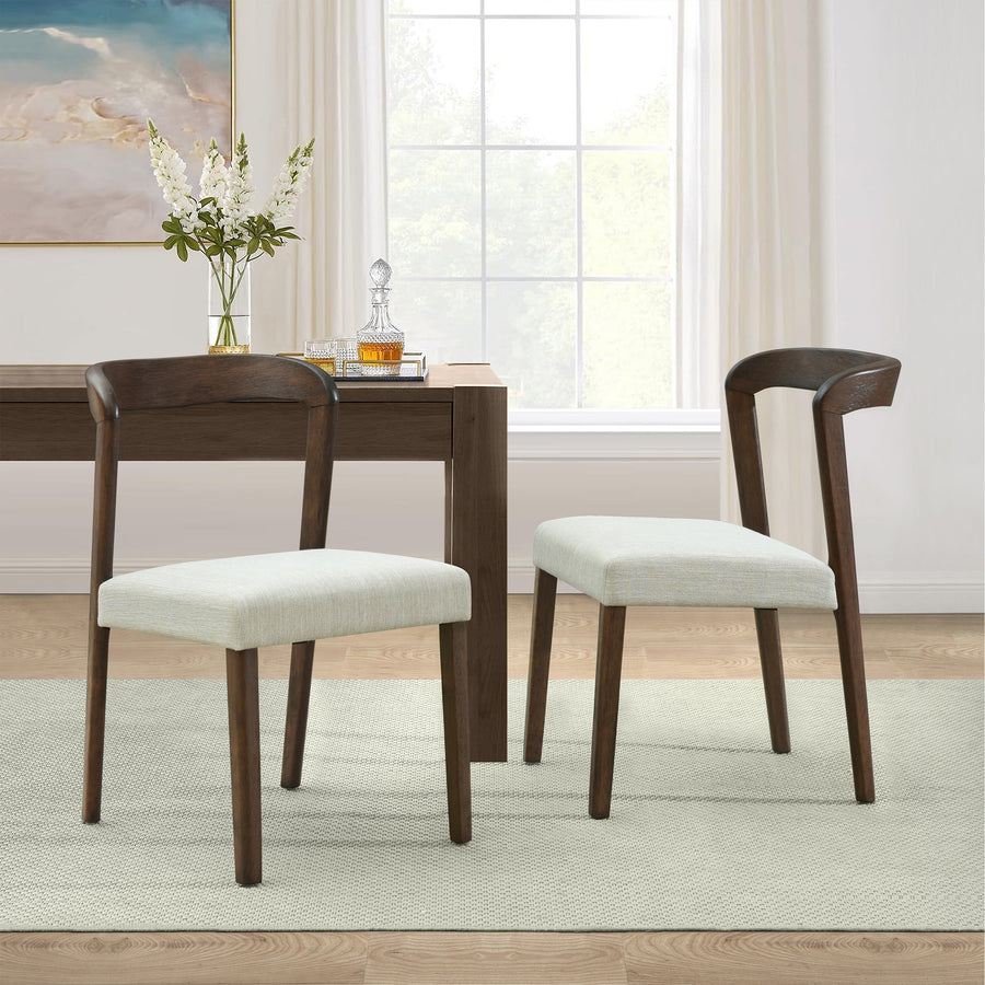 Solid Rubber Wood Dining Chairs (Walnut + Beige) - Set of 2