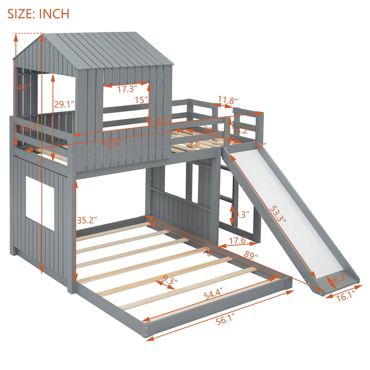 Wooden Twin Over Full Bunk Bed, Loft Bed with Playhouse
