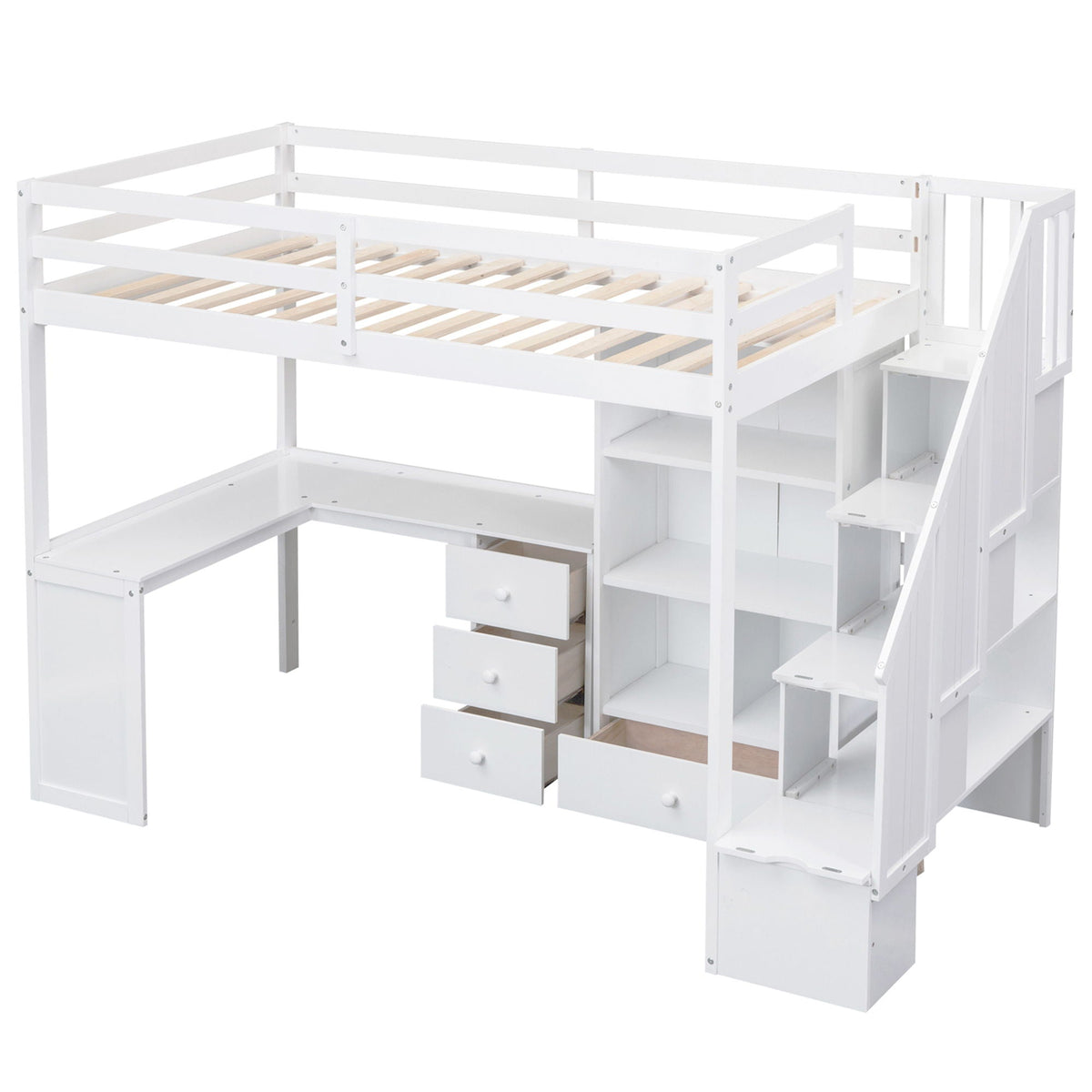 Loft Bed With L Shaped Desk, Drawers, Cabinet, And Storage Staircase - view 13