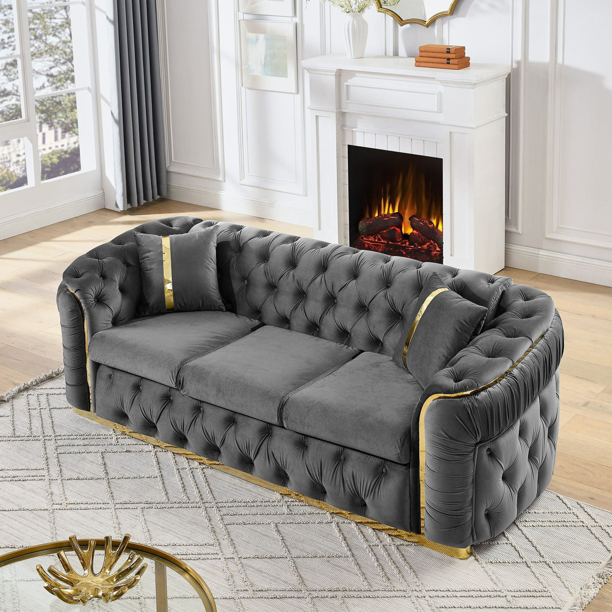 Button Tufted Couch With 2 Pillows, 3 Seater Luxury Chesterfield Sofa - view 16