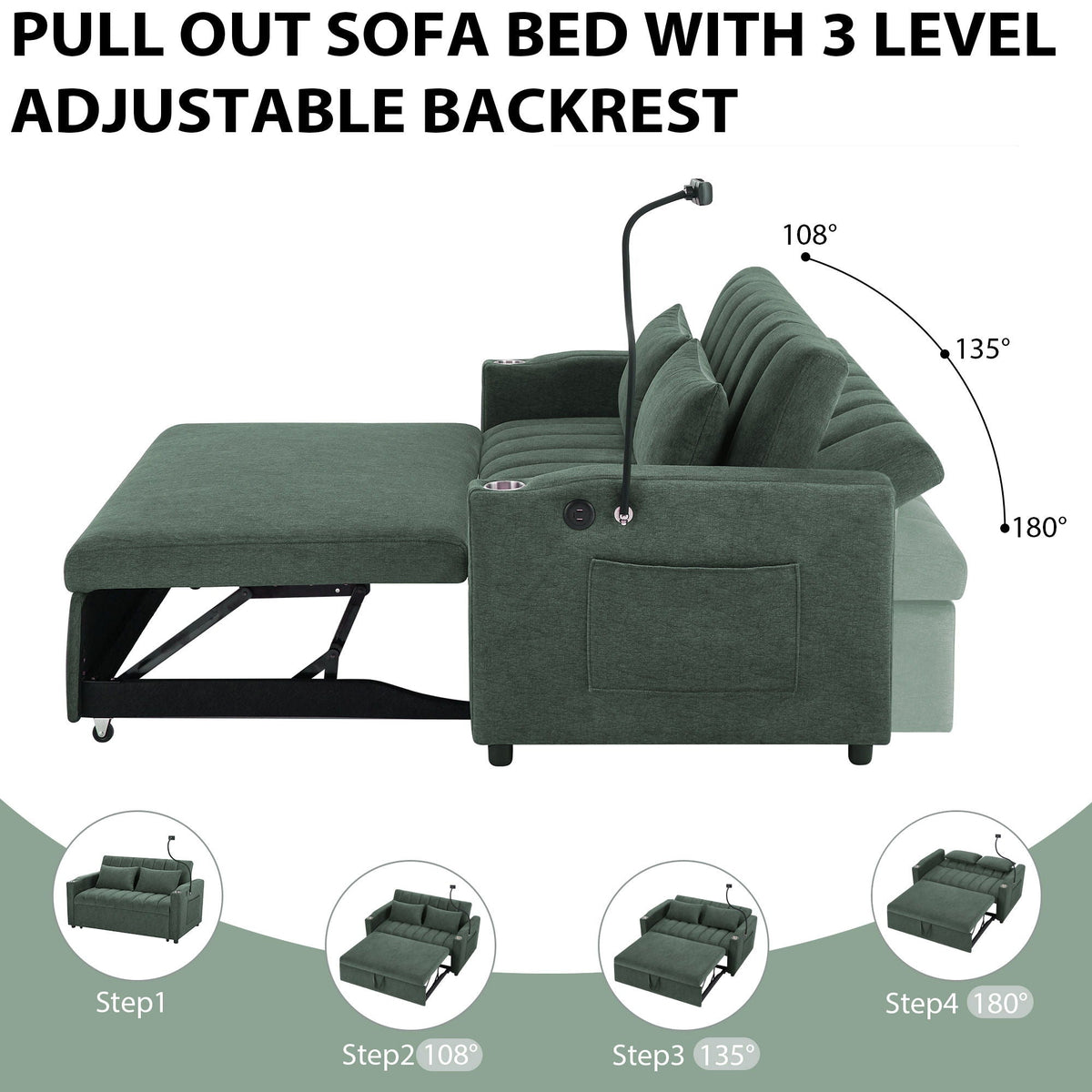 Convertible Sofa Bed Loveseat Sofa With Three USB Ports, Two Side Pockets, Two Cup Holders And 360° swivel - view 13