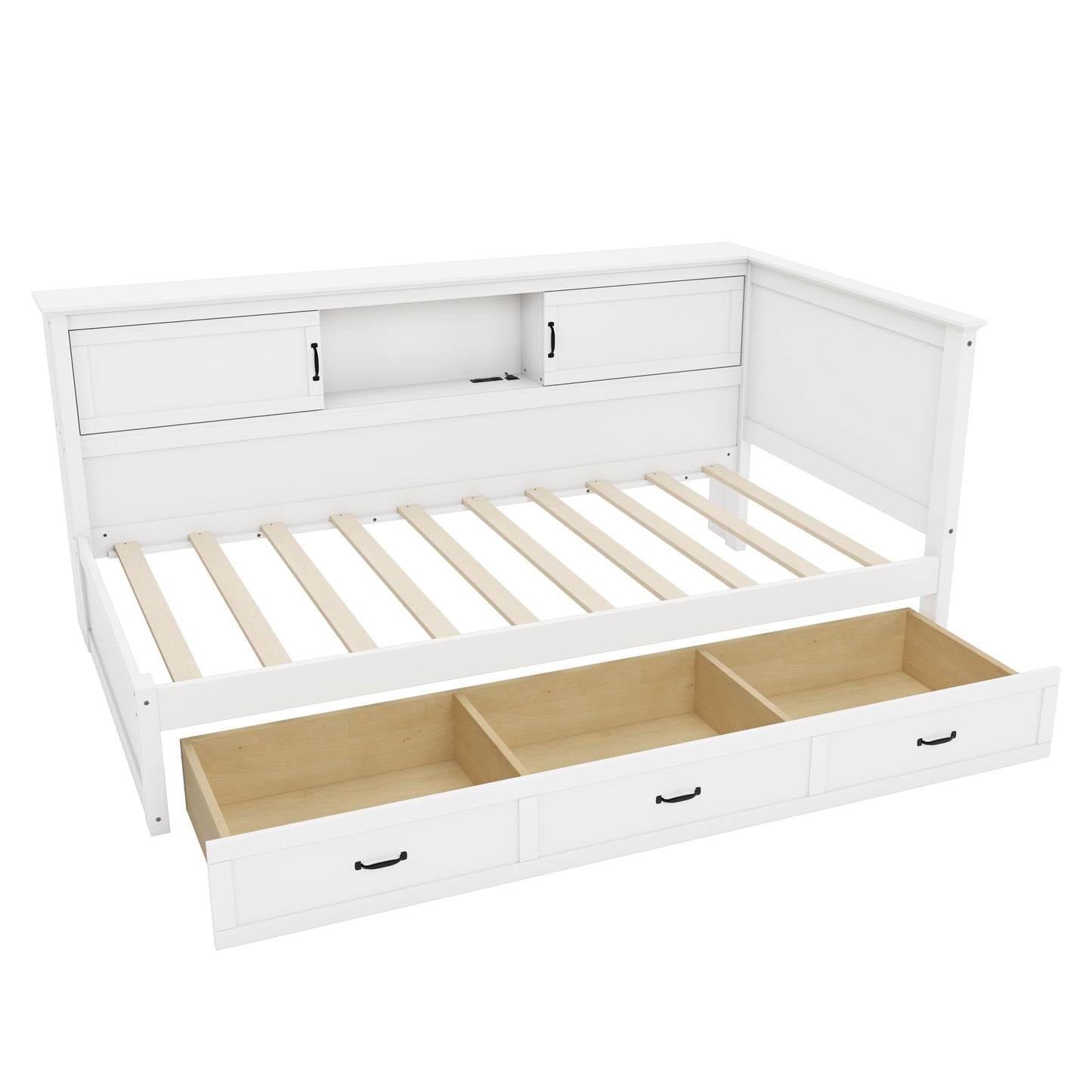 L-Shaped Bed Frame with Drawer and Bookcase
