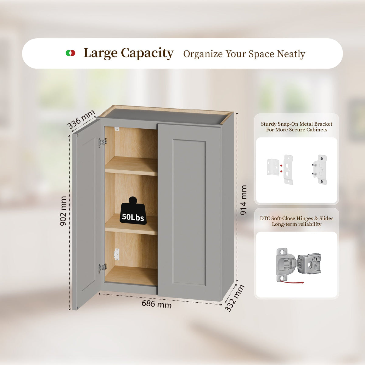 Gray Shaker Solid Wood Wall Cabinet with Soft-Close Doors