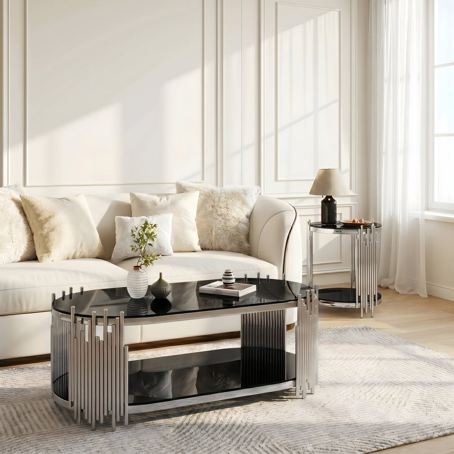 Modern Luxury Coffee Table and Side Table Set with Tempered Glass - Black+Silver or Black+Gold