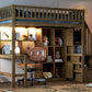 Wood Twin Size Loft Bed with Built-in Desk, LED, Storage Shelves, Cabinets and Staircase