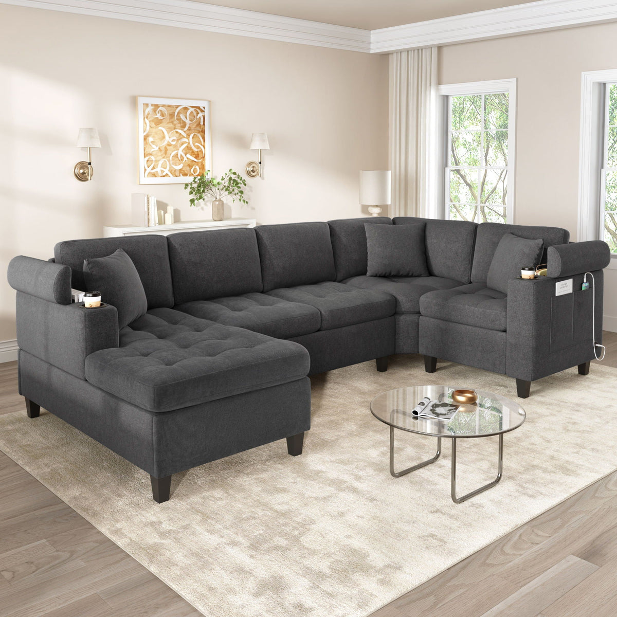 U Shaped Sectional Sofa, Corner Living Room Couch With Built In Cup Holders, Storage, USB Ports - view 17