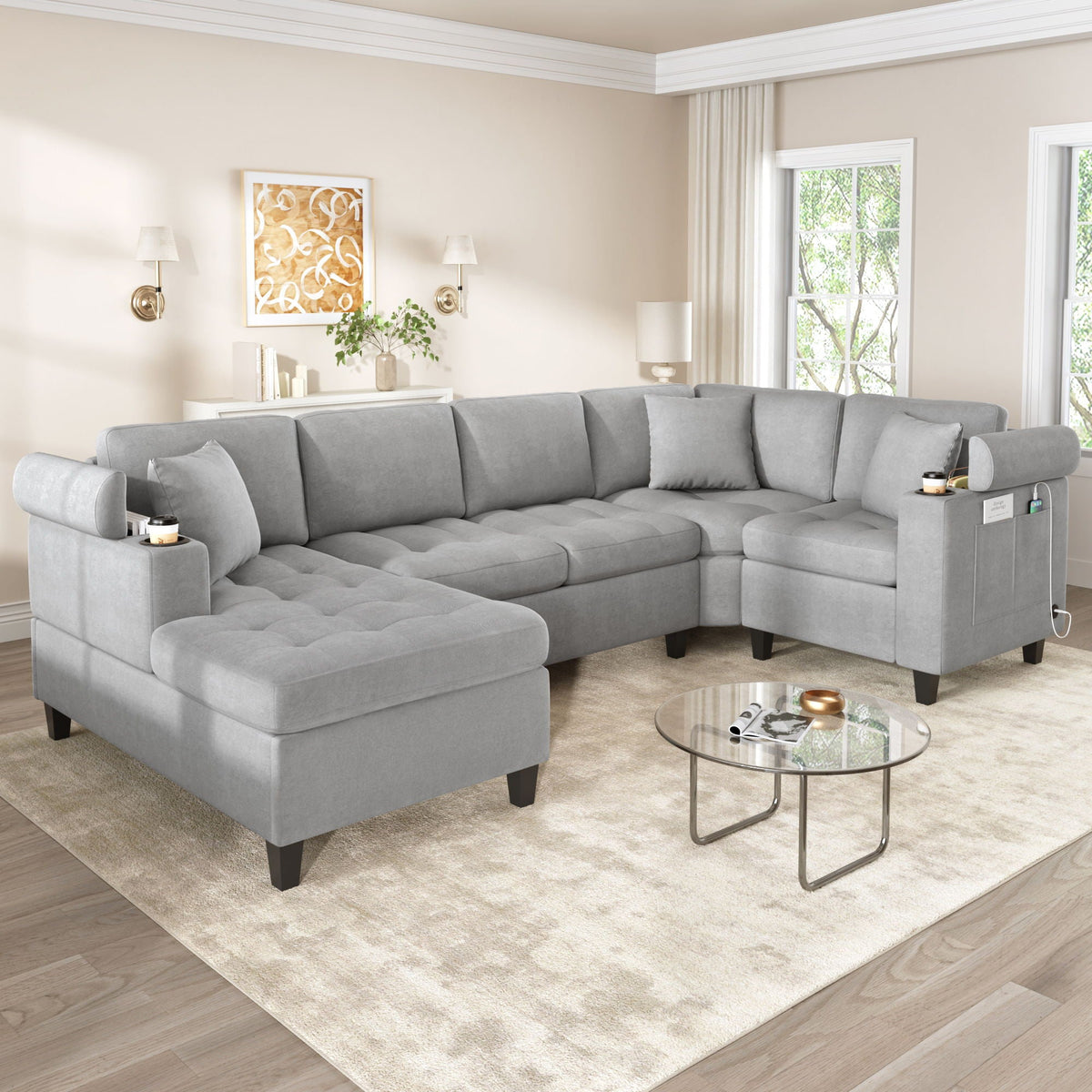 U Shaped Sectional Sofa, Corner Living Room Couch With Built In Cup Holders, Storage, USB Ports - view 18