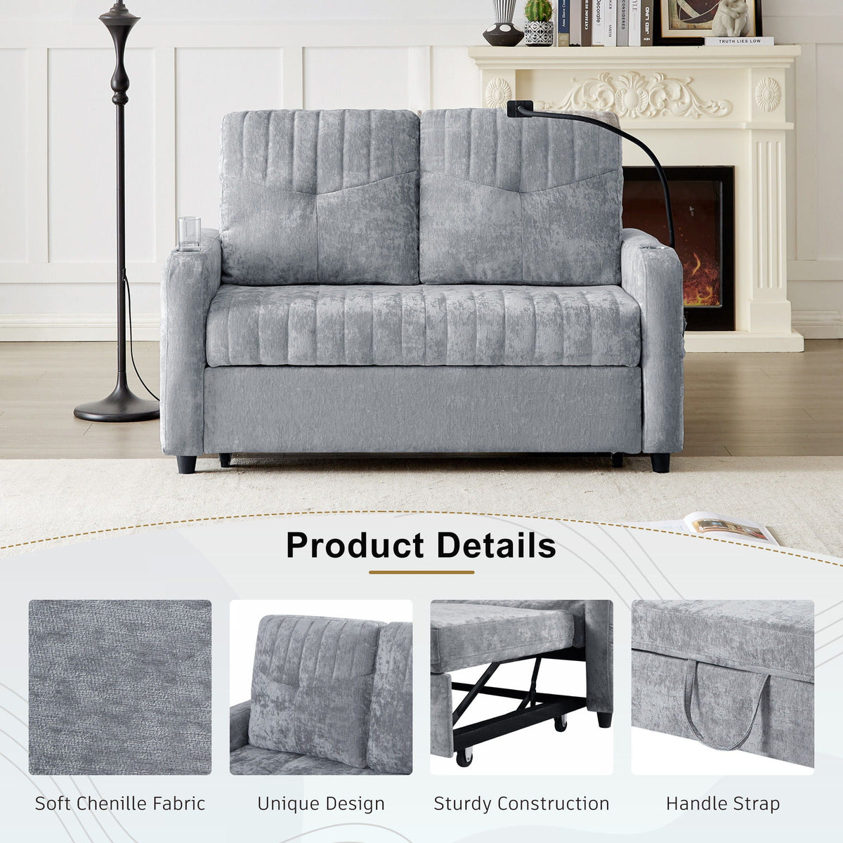 Modern Loveseat Pull Out Sofa Bed With Adjustable Backrest, Two Cup Holders, A Phone Holder, Three Charging - view 11