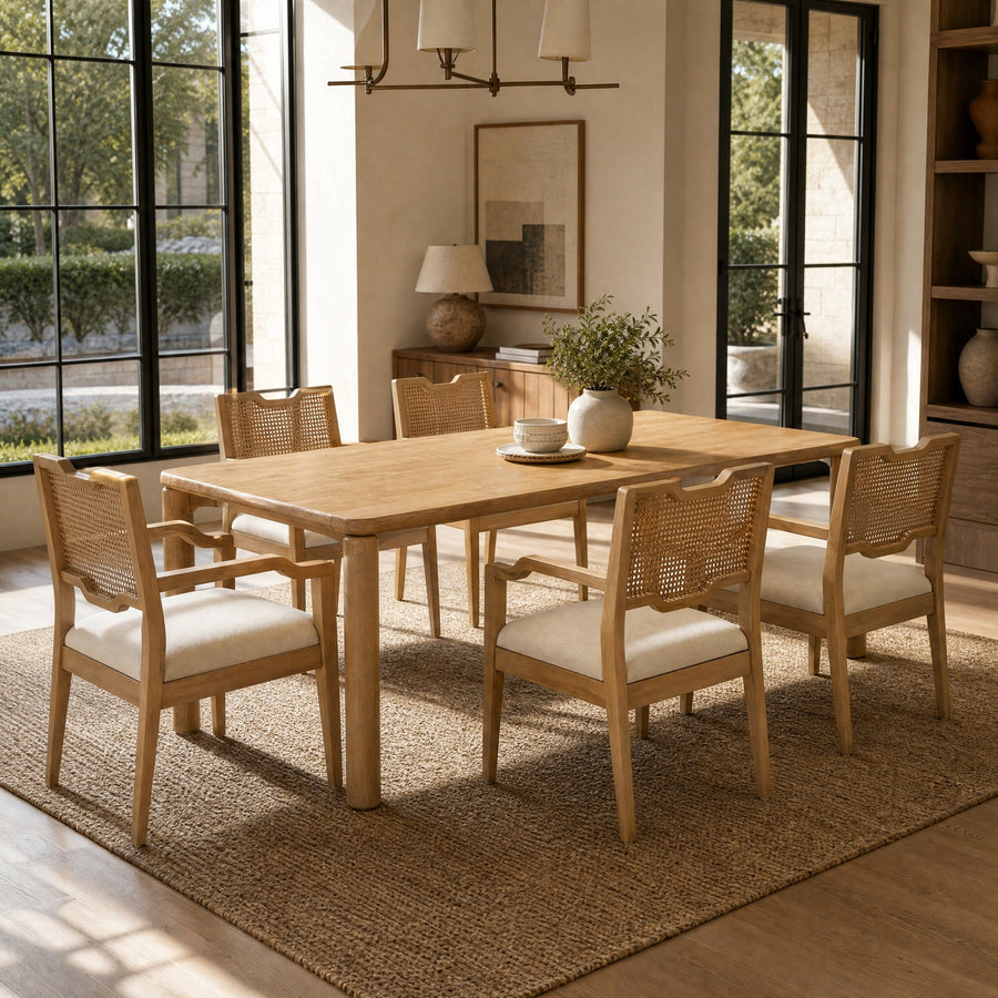 7-Piece Dining Table Set with Rubber Wood & Rattan Chairs - Beige+Natural