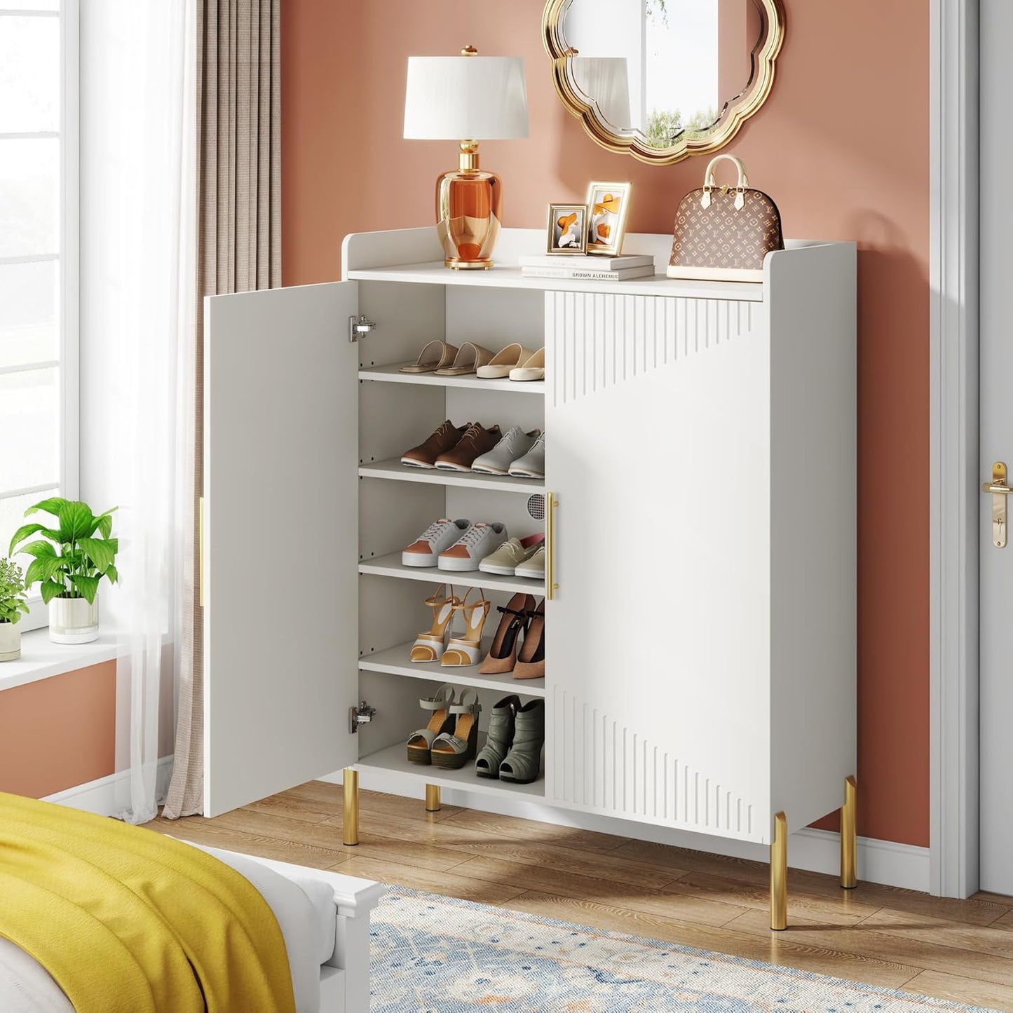35.43 Inch White and Gold Shoe Cabinet