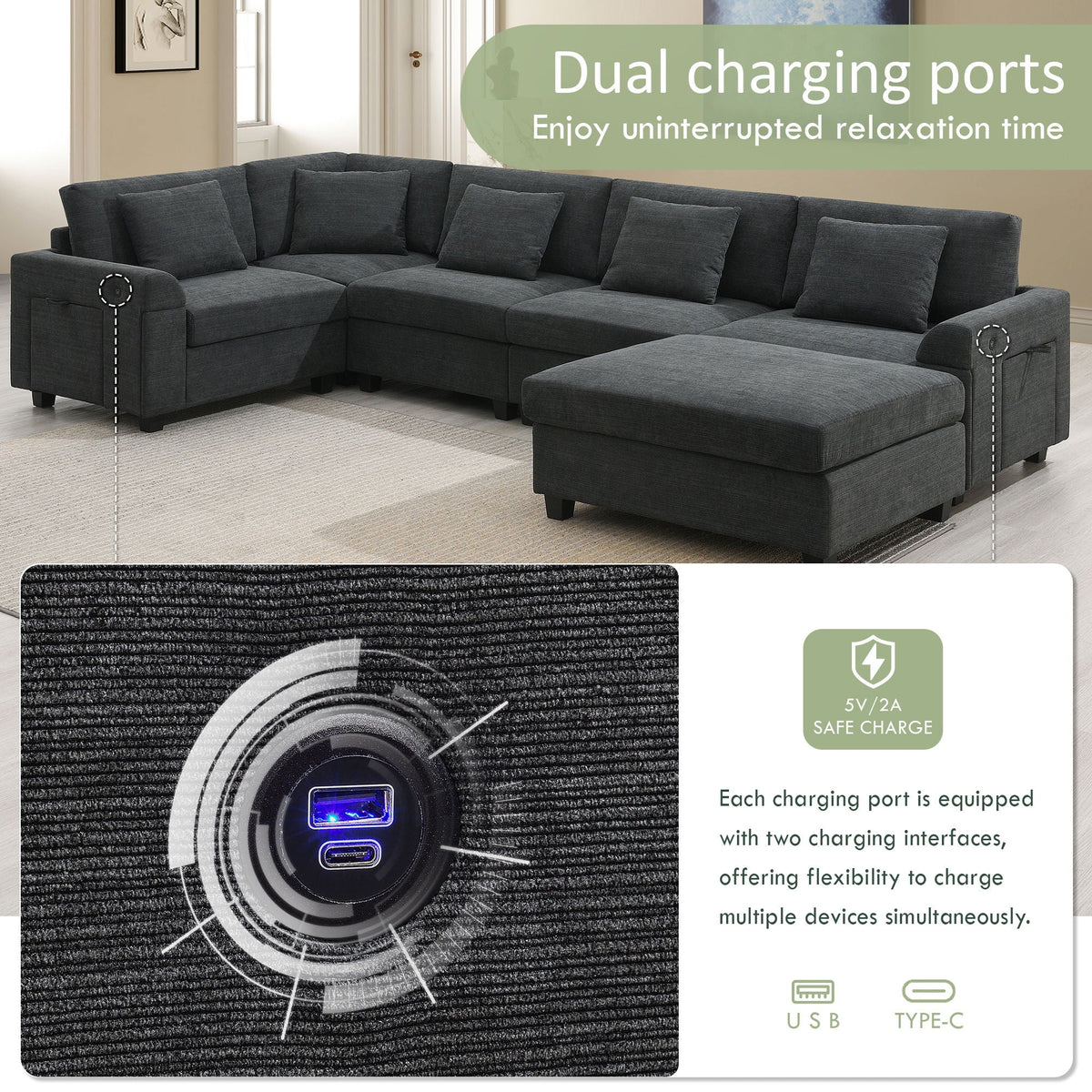 U Shaped Sectional Sofa 6 Seat Couch Set With Oversized Ottoman, Hidden Armrest Storage And Cup Holders USB - view 5