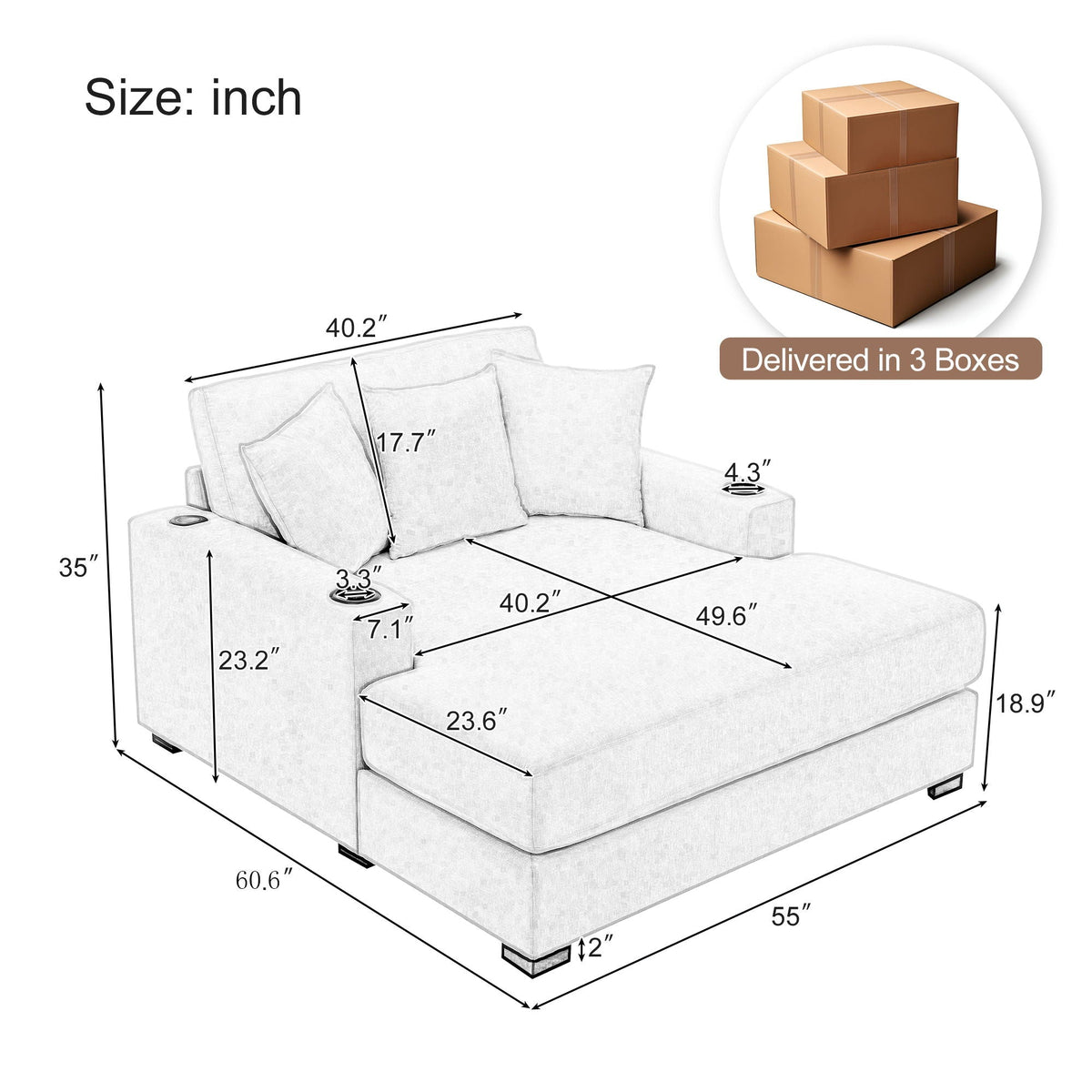 Oversized Chaise Lounger Modern Style Sofa Couch, With Pillows, Charge Station & Cup Holders - view 5