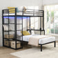 Metal Loft Bed Frame with LED Light Strip, Side Storage Shelves & Built-in Desk