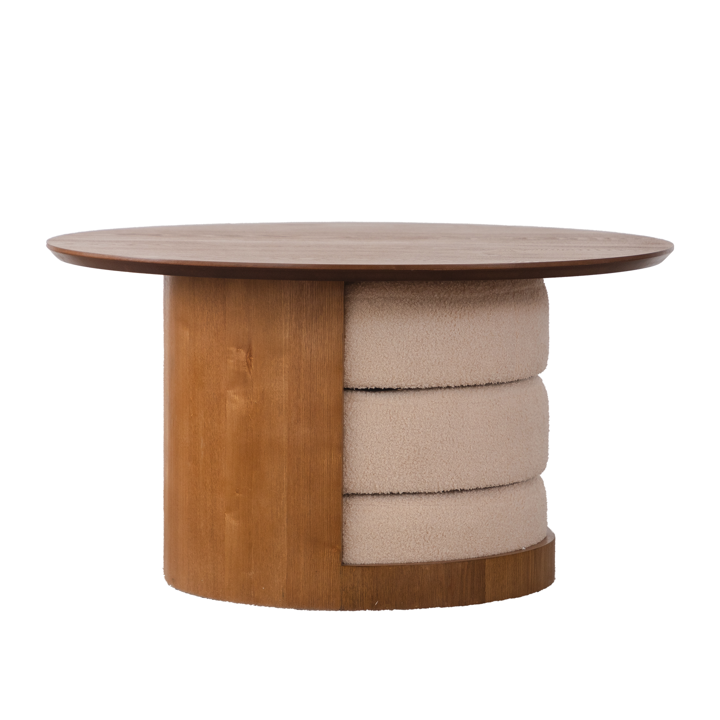 31.5" Round Wood Coffee Table with 3 Teddy Fabric Nesting Stools