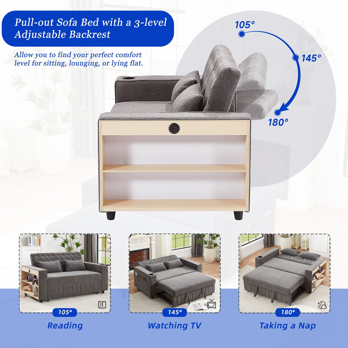 Pull-Out Sofa Bed Convertible Couch With Adjustable Backrest For Living Room - view 14