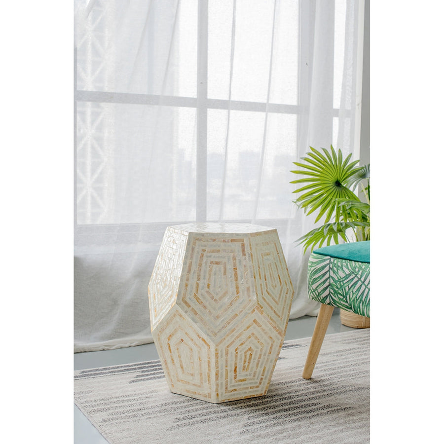 18x18x21" Hexagonal Capes Capiz Stool, Cream/Yellow
