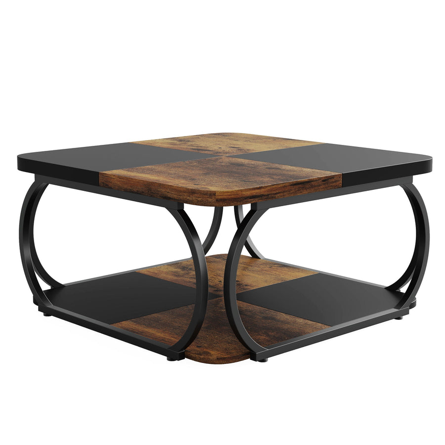 Square Coffee Table with Storage Shelf, 2 Tier - Brown / Black