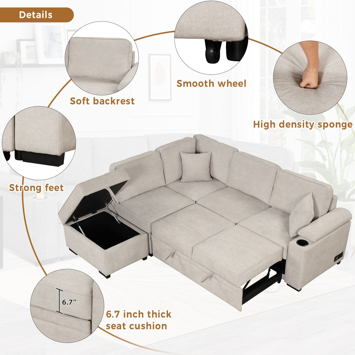 Sleeper Sofa Bed, 2 In 1 Pull Out Sofa Bed L Shape Couch With Storage Ottoman For Living Room, Bedroom Couch - view 19