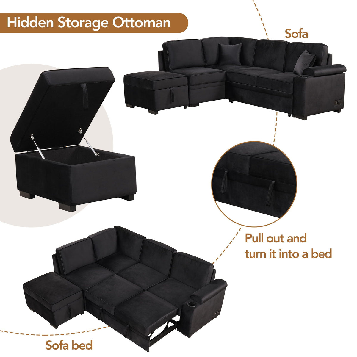 Sleeper Sofa Bed, 2 In 1 Pull Out Sofa Bed L Shape Couch With Storage Ottoman For Living Room, Bedroom Couch - view 20