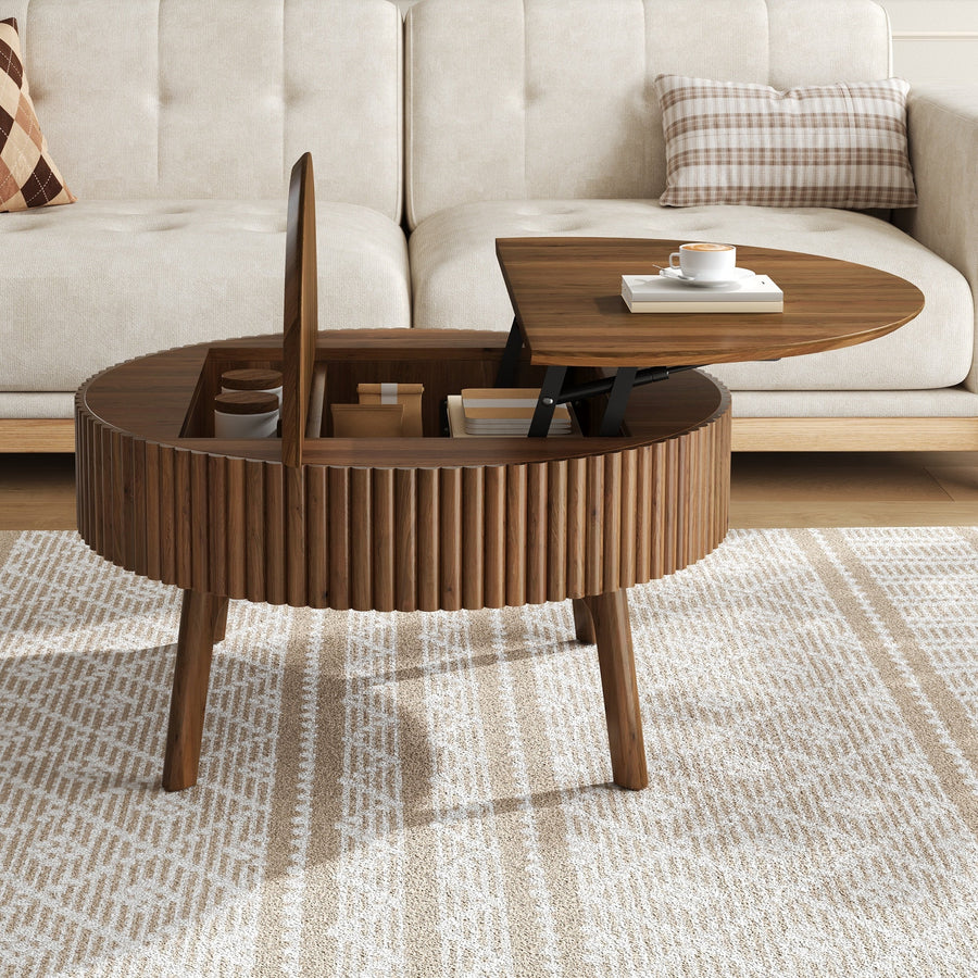 Modern Round Lift-Top Coffee Table with Hidden Storage - Walnut