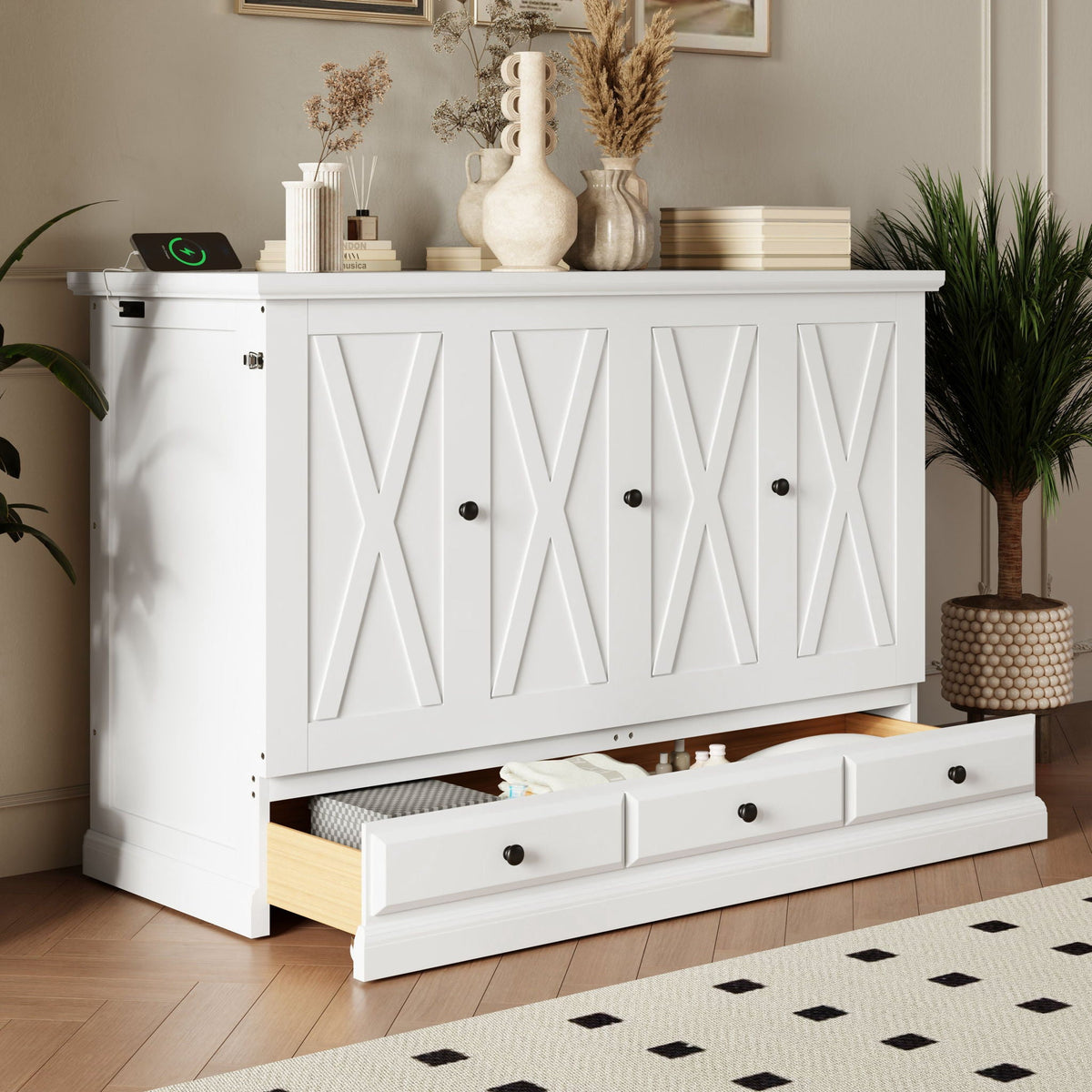 Solid Pine Murphy Bed Chest Cube Cabinet Bed With Charging Station And Large Storage Drawer For Home Office - view 14