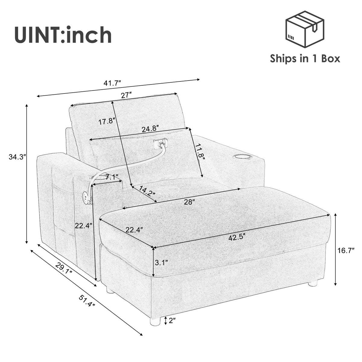 Modern Style Armchair Chaise Lounge Sofa Couch With Movable Storage Ottoman, USB Ports, Cup Holders, Phone - view 5