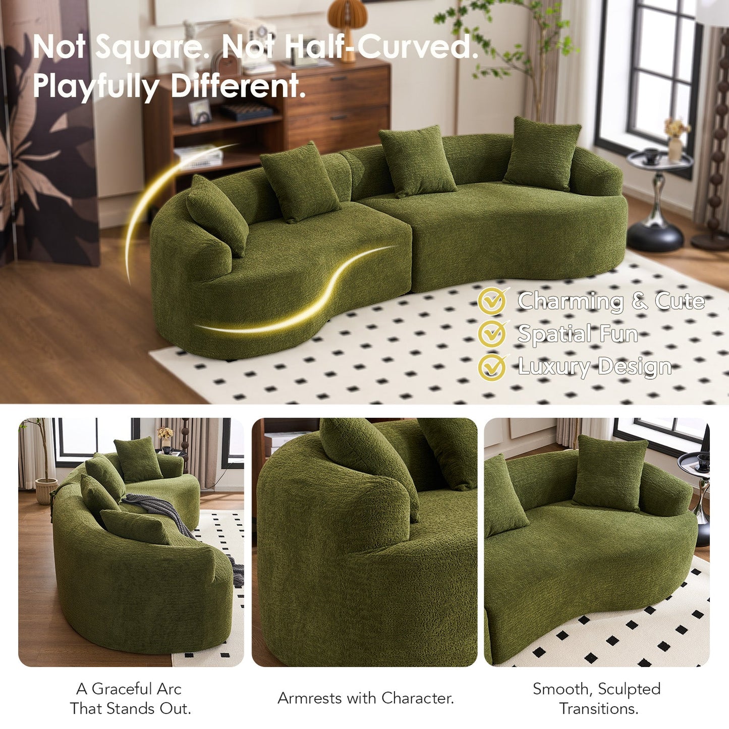Curved Boneless Sofa, Compression Modular 110'' Sectional