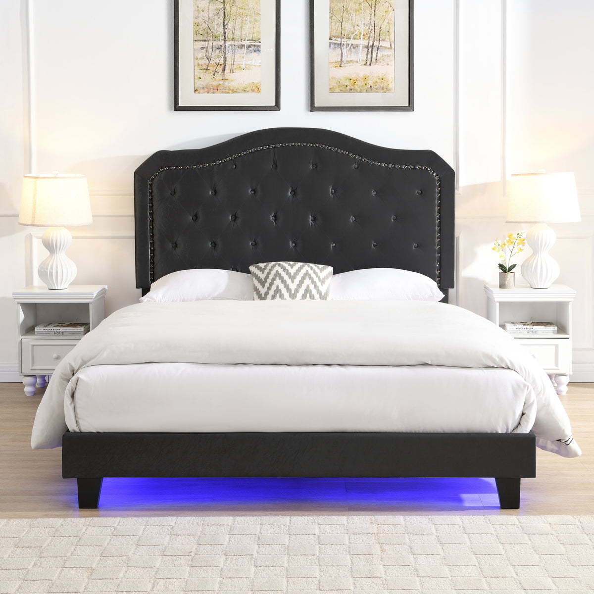 Upholstered Bed Button Tufted with Curve Design