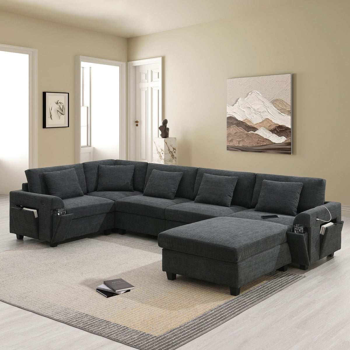 U Shaped Sectional Sofa 6 Seat Couch Set With Oversized Ottoman, Hidden Armrest Storage And Cup Holders USB - view 6