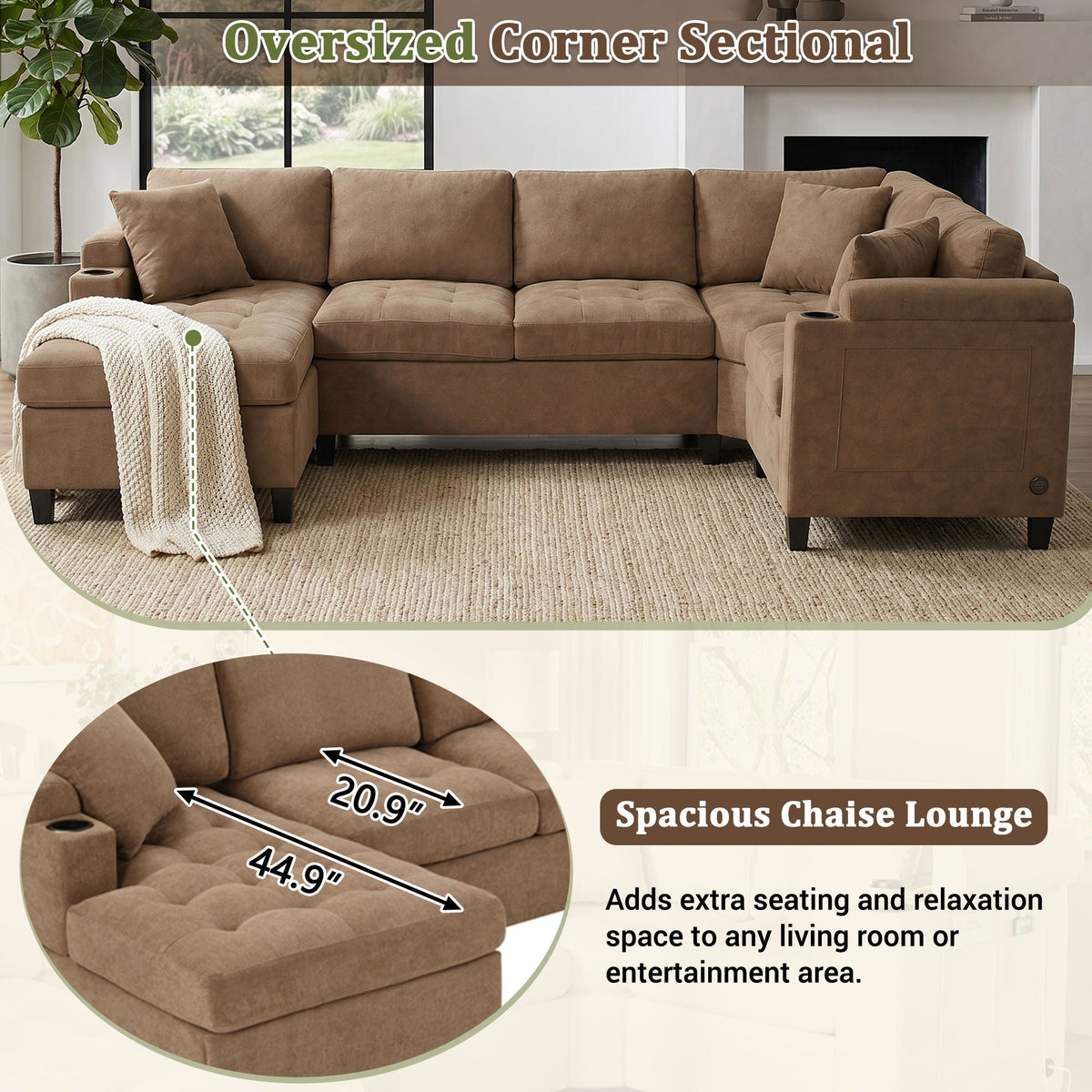 U Shaped Sectional Sofa, Corner Living Room Couch With Built In Cup Holders, Storage, USB Ports - view 19