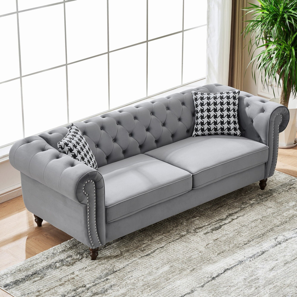 Chesterfield Upholstery Fabric Sofa With Roll Armrest & Nailhead, Mid Century Modern 3 And 3 Seater Couch - view 9